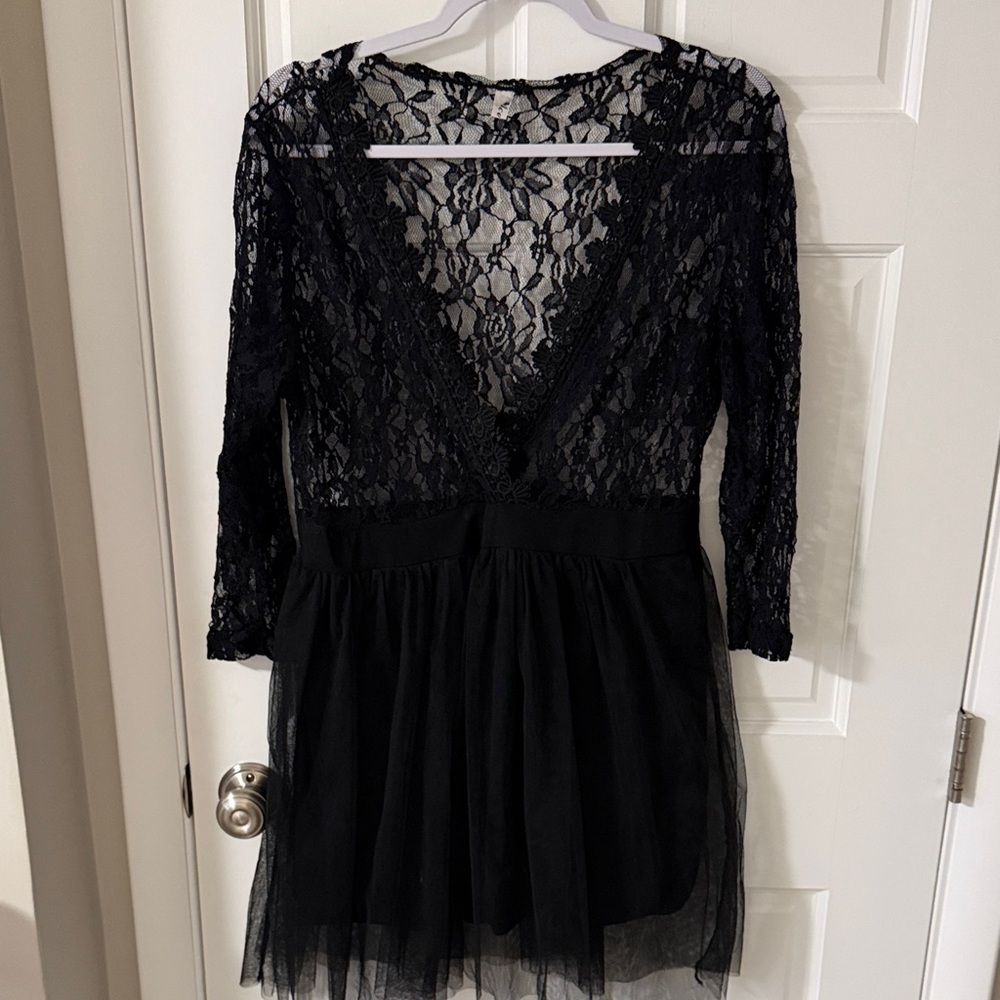 Black Sheer Lace Bodice Tulle Skirt Mini Dress Whimsigoth Dark Feminine Size Xxl